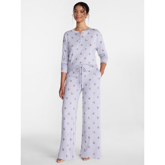 Joyspun Women's Cozy Lounge Collection Hacci Henley Top and Pants, 2-Piece Pajama Set, Sizes XS-3X