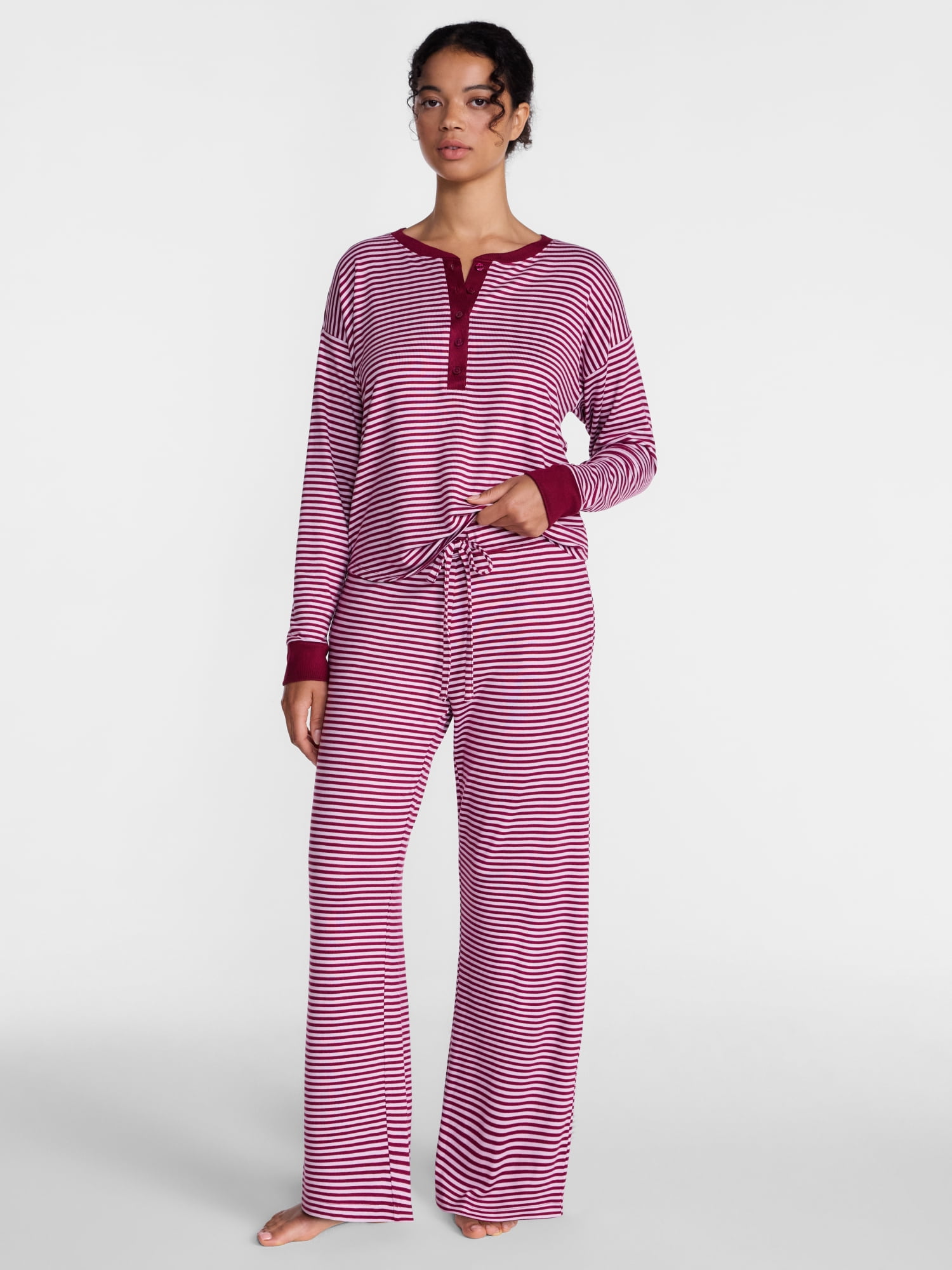 Joyspun Women's Cozy Lounge Collection Hacci Henley Top and Pants, 2-Piece Pajama Set, Sizes XS-3X