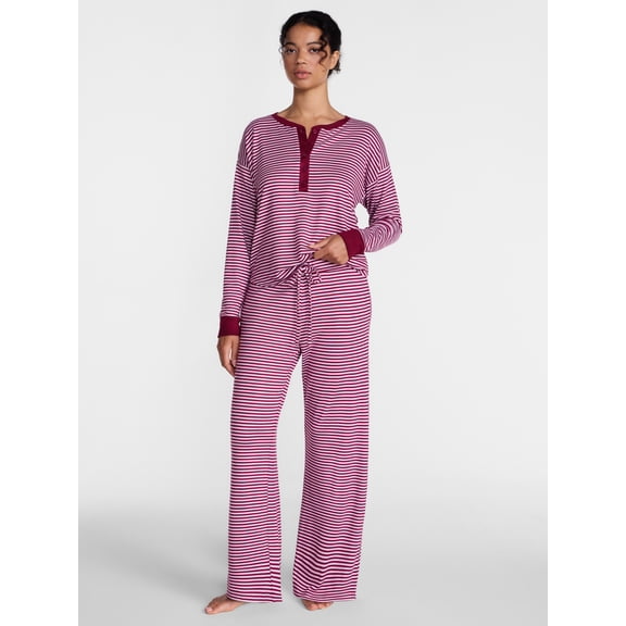 Joyspun Women's Cozy Lounge Collection Hacci Henley Top and Pants, 2-Piece Pajama Set, Sizes XS-3X