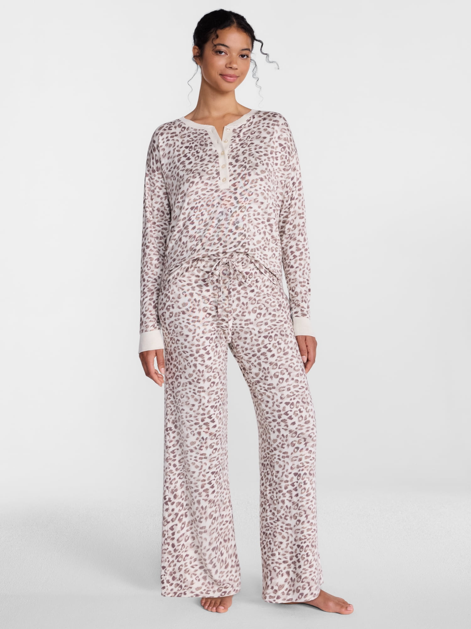 Joyspun Women's Cozy Lounge Collection Hacci Henley Top and Pants, 2-Piece Pajama Set, Sizes XS-3X
