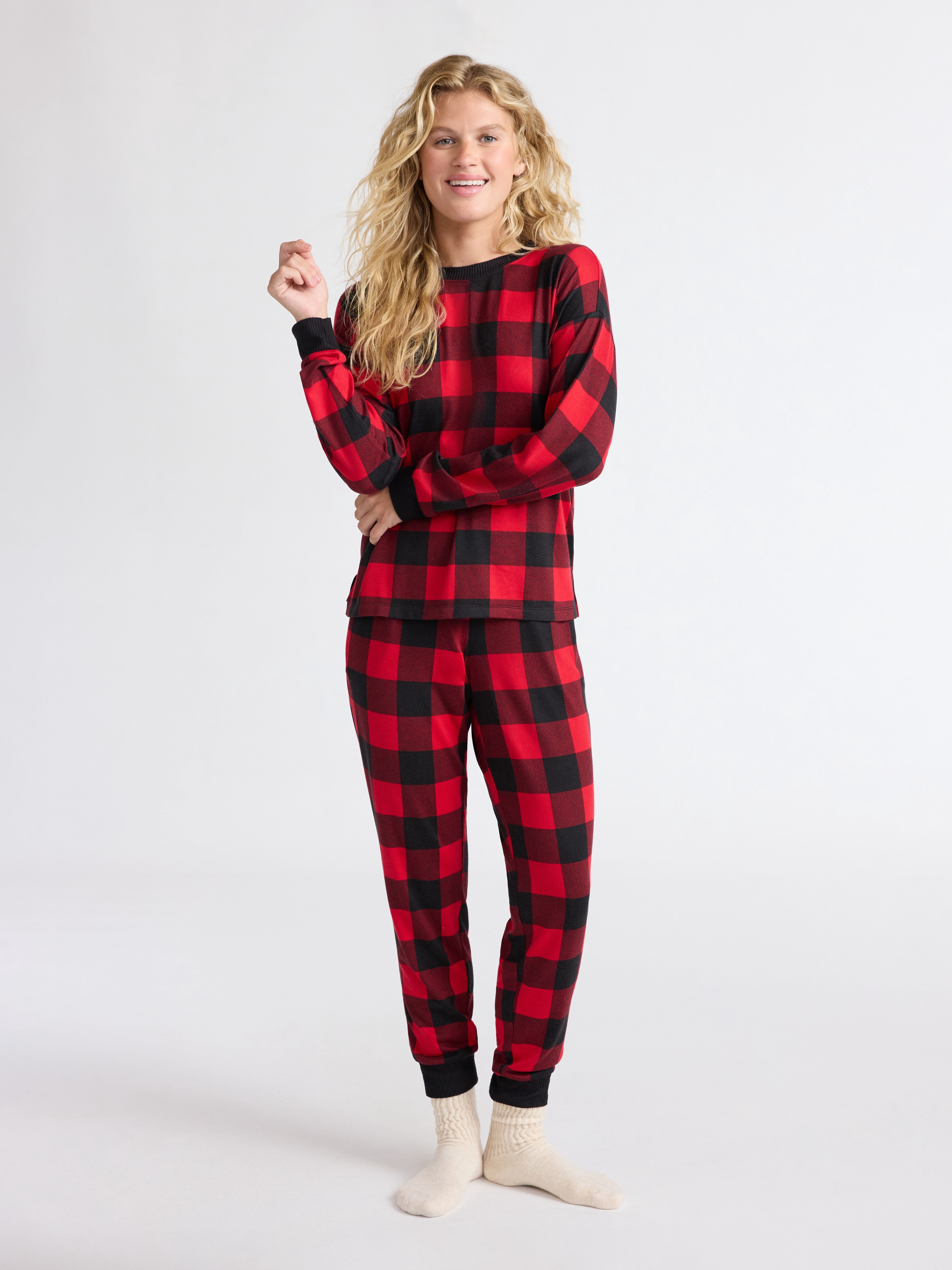 Joyspun Women's Cozy Lounge Collection Hacci Knit Long Sleeve Top and Joggers Pajama Set, Sizes XS-3X