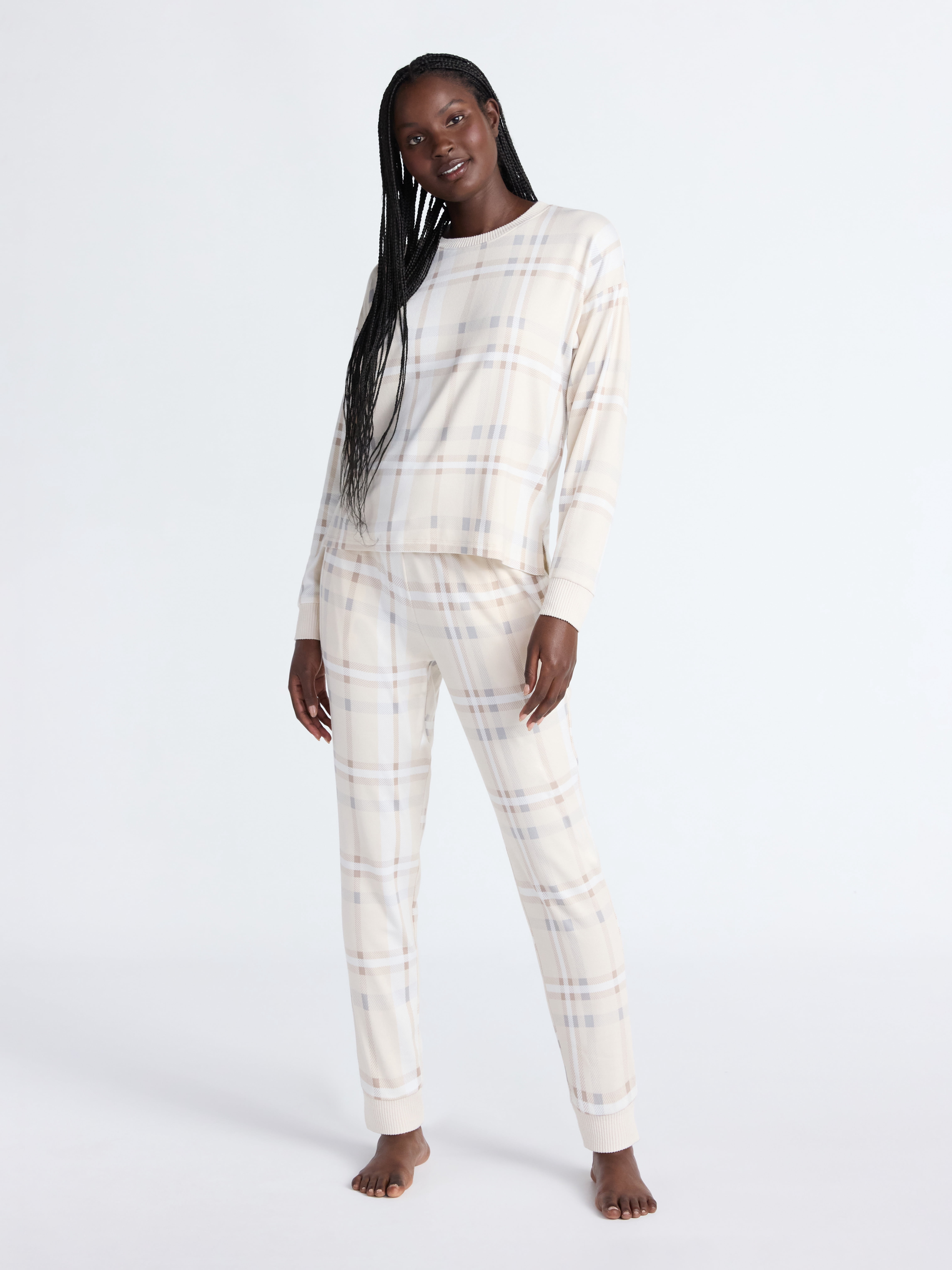 Joyspun Women's Cozy Lounge Collection Hacci Knit Long Sleeve Top and Joggers Pajama Set, Sizes XS-3X