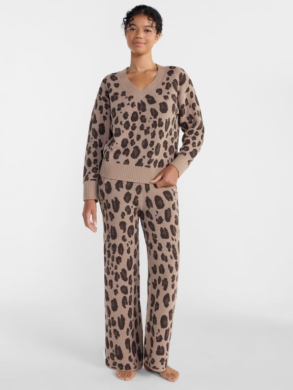 Women's Cozy V-neck Top and Wide-leg Pant Set, 2-Piece, Sizes XS-3X