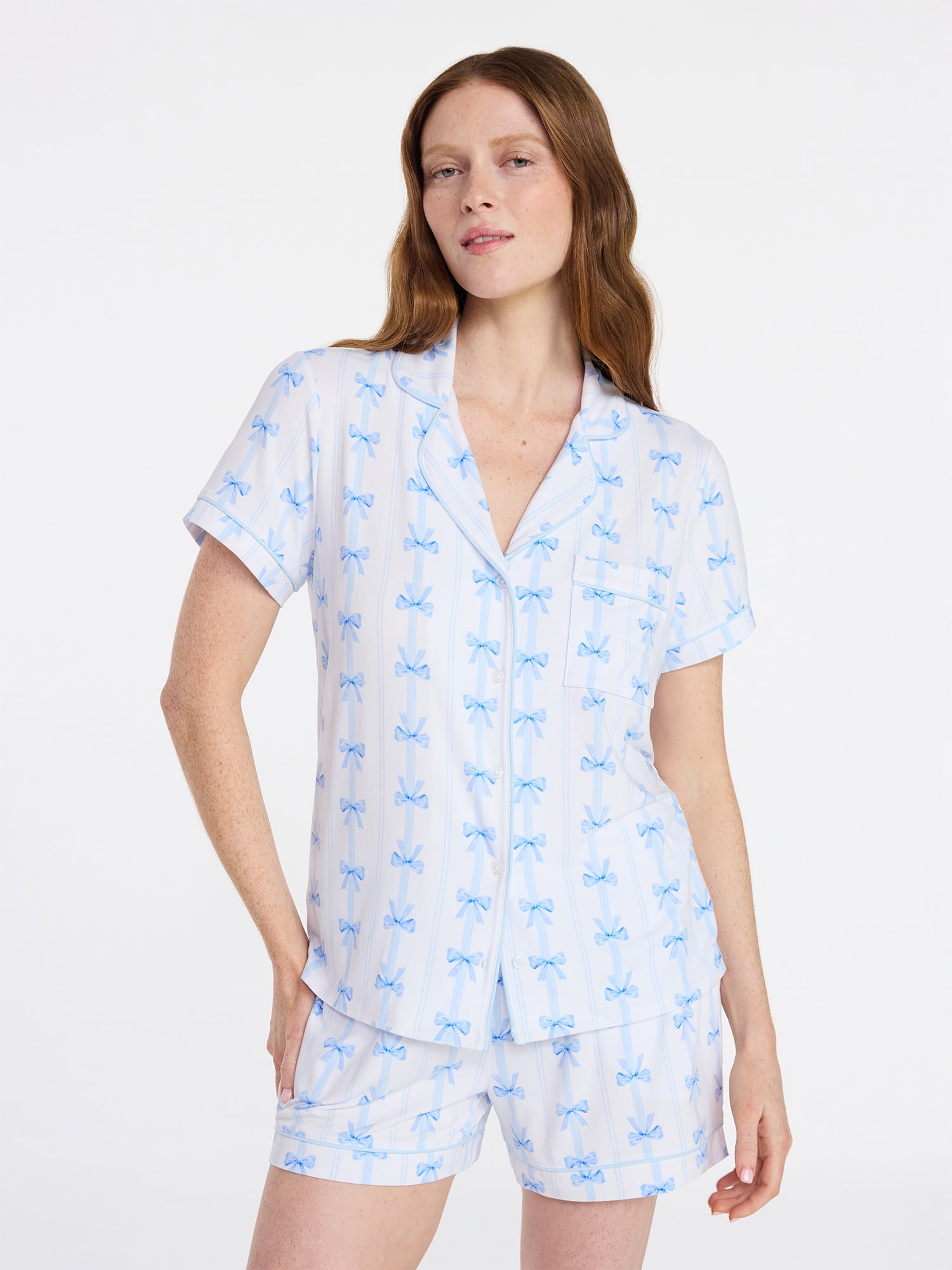 Joyspun Women’s Dreamy Soft Collection Bridal Short Sleeve Knit Notch Collar Top and Shorts Pajama Set, 2-Piece, Sizes XS-3X