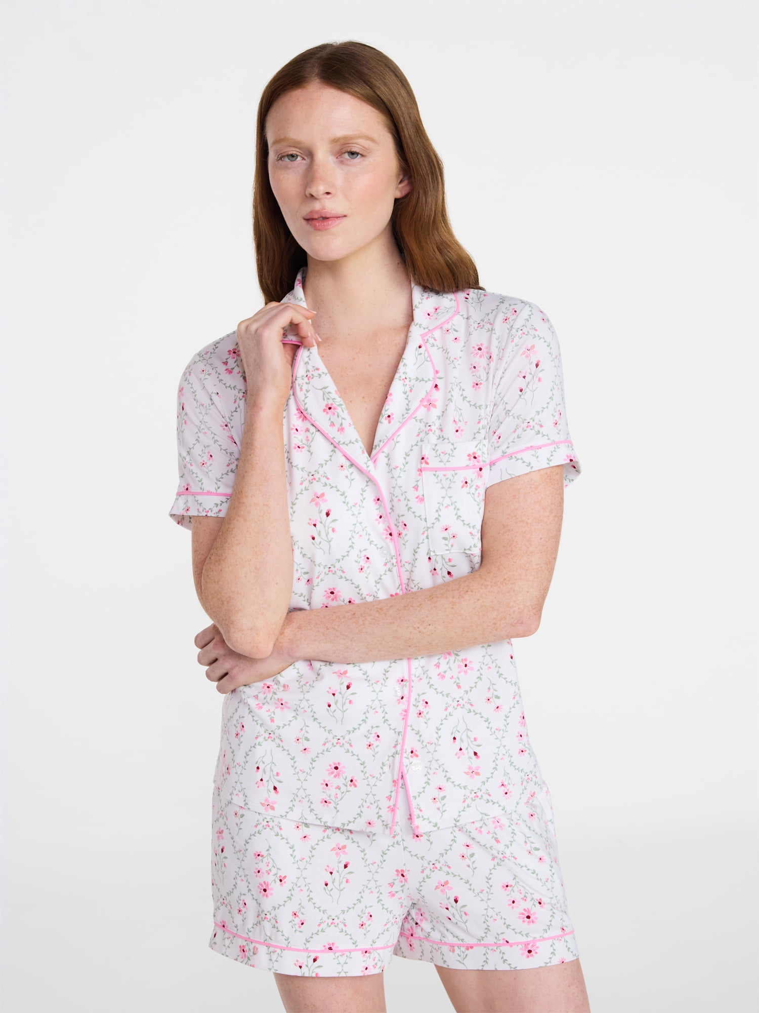 Joyspun Women’s Dreamy Soft Collection Bridal Short Sleeve Knit Notch Collar Top and Shorts Pajama Set, 2-Piece, Sizes XS-3X