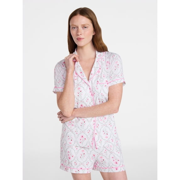Joyspun Women’s Dreamy Soft Collection Bridal Short Sleeve Knit Notch Collar Top and Shorts Pajama Set, 2-Piece, Sizes XS-3X