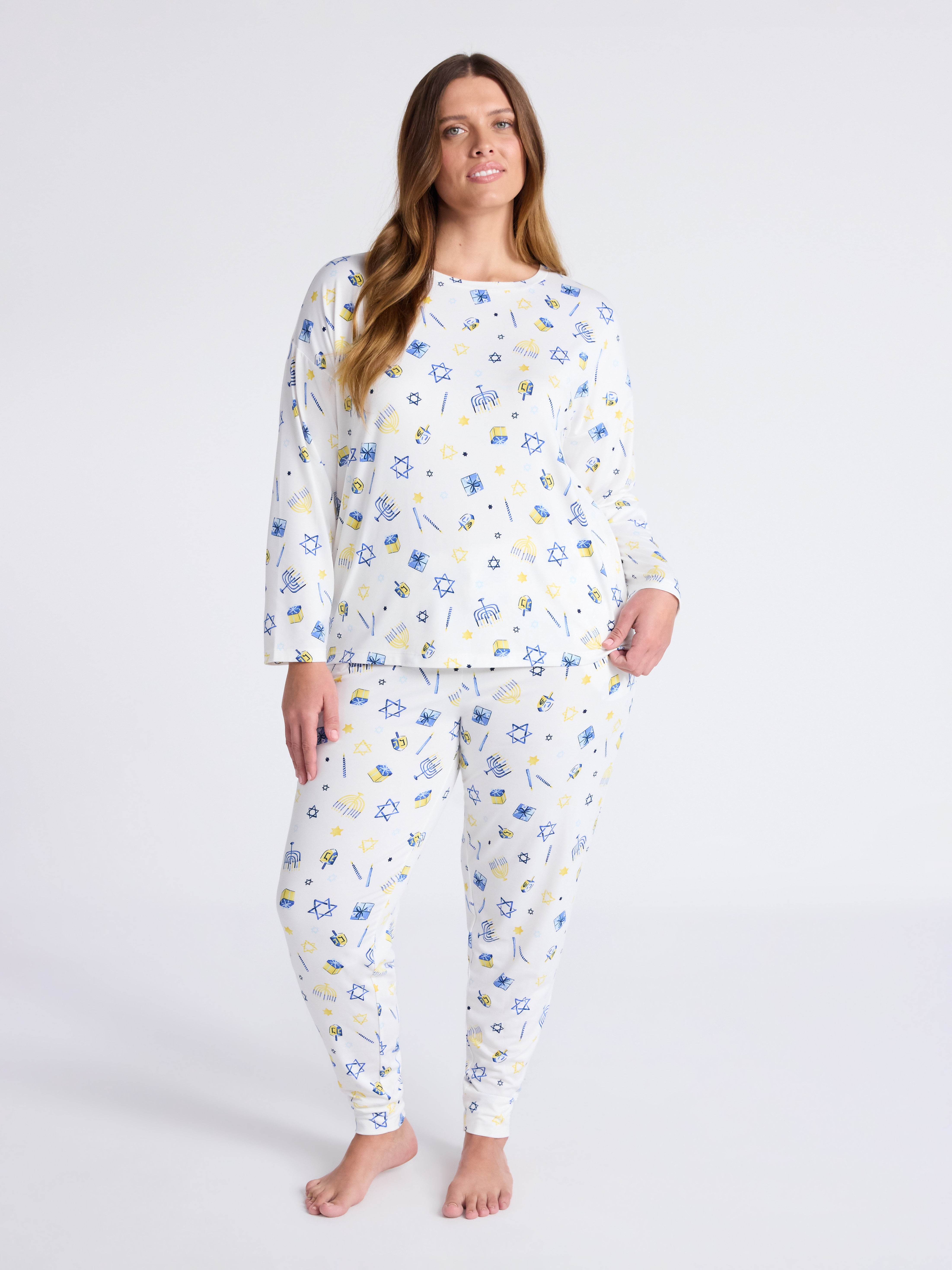 Joyspun Women's Hanukkah Long Sleeve Top and Jogger Pants Pajama Set, 2-Piece, Sizes XS-3X