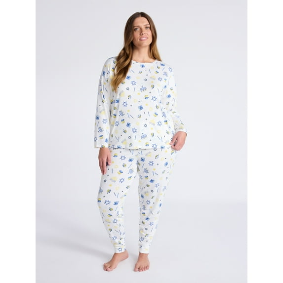 Joyspun Women's Hanukkah Long Sleeve Top and Jogger Pants Pajama Set, 2-Piece, Sizes XS-3X