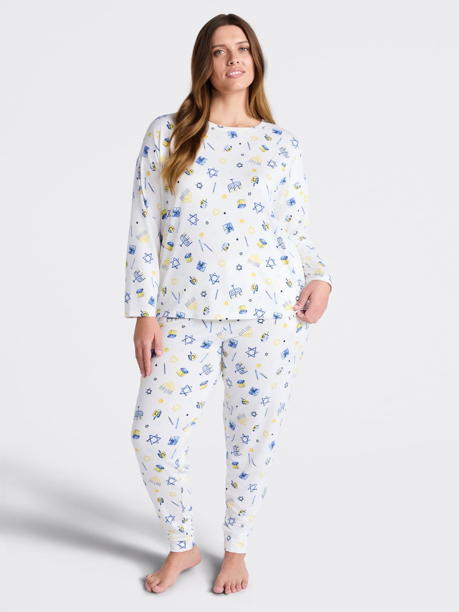 Joyspun Women's Hanukkah Long Sleeve Top and Jogger Pants Pajama Set, 2-Piece, Sizes XS-3X