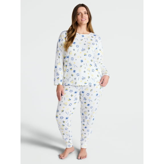 Joyspun Women's Hanukkah Long Sleeve Top and Jogger Pants Pajama Set, 2-Piece, Sizes XS-3X
