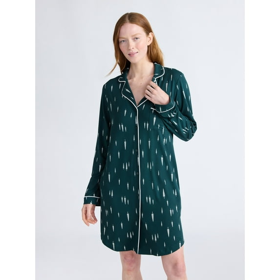 Joyspun Women's Dreamy Soft Collection Notch Collar Sleepshirt with Long Sleeves, Sizes S-4X