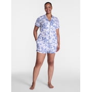 Joyspun Women’s Dreamy Soft Collection Notch Collar Knit Top and Boxer Shorts, 2-Piece Pajama Set, Sizes XS-3X