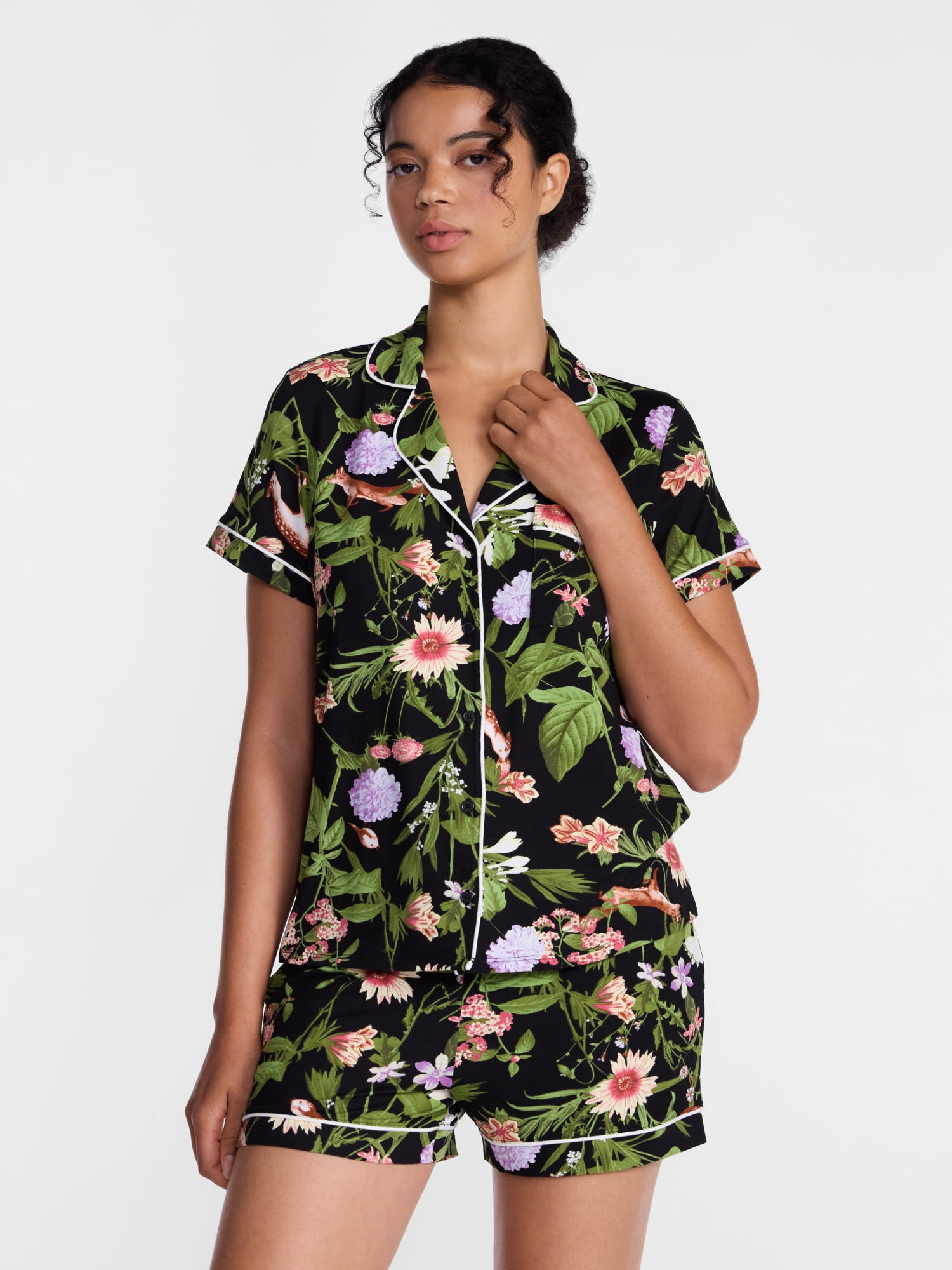 Joyspun Women’s Dreamy Soft Collection Notch Collar Knit Top and Boxer Shorts, 2-Piece Pajama Set, Sizes XS-3X