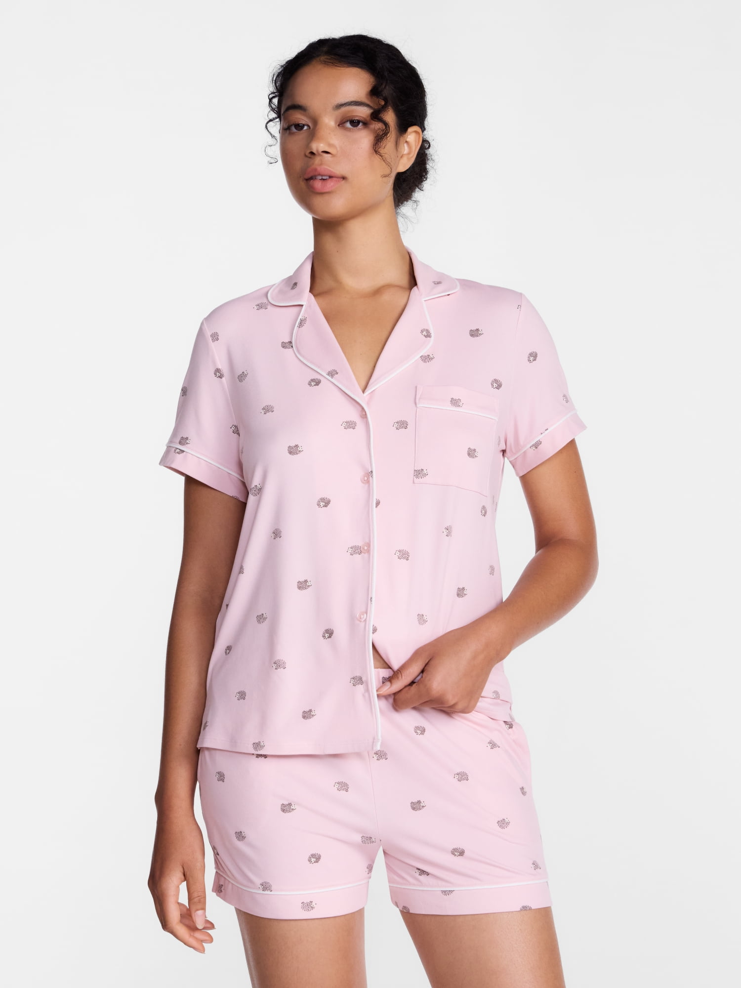 Joyspun Women’s Dreamy Soft Collection Notch Collar Knit Top and Boxer Shorts, 2-Piece Pajama Set, Sizes XS-3X