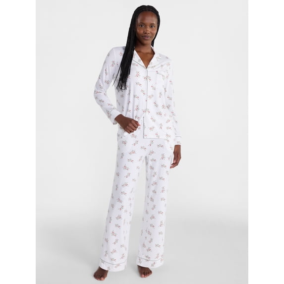 Joyspun Women’s Dreamy Soft Collection Notch Collar Long Sleeve Pajama Set, Sizes XS to 3X