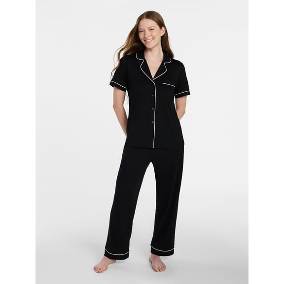 Joyspun Women's Dreamy Soft Collection Notch Knit Top and Capri Pants Pajama Set, 2-Piece, Sizes XS-3X