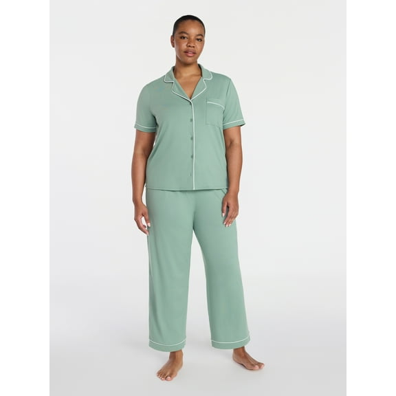 Joyspun Women's Dreamy Soft Collection Notch Knit Top and Capri Pants Pajama Set, 2-Piece, Sizes XS-3X