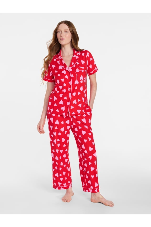 Women's Dreamy Soft Collection Notch Knit Top and Capri Pants Valentine's Day Pajama Set, 2-Piece, Sizes XS-3X