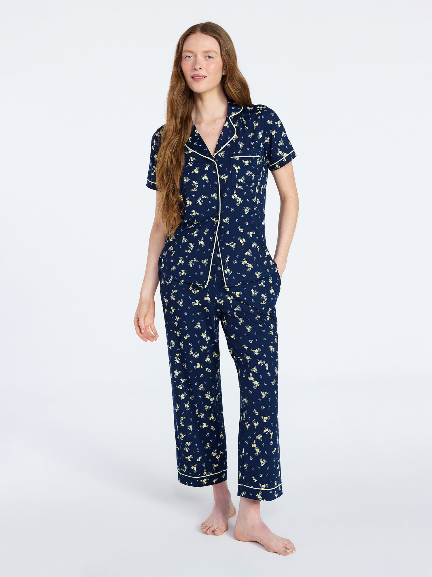 Joyspun Women's Dreamy Soft Collection Notch Collar Top and Capri Pants Pajama Set, 2-Piece, Sizes XS-3X