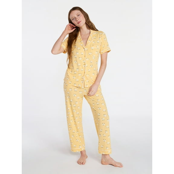 Joyspun Women's Dreamy Soft Collection Notch Knit Top and Capri Pants Pajama Set, 2-Piece, Sizes XS-3X