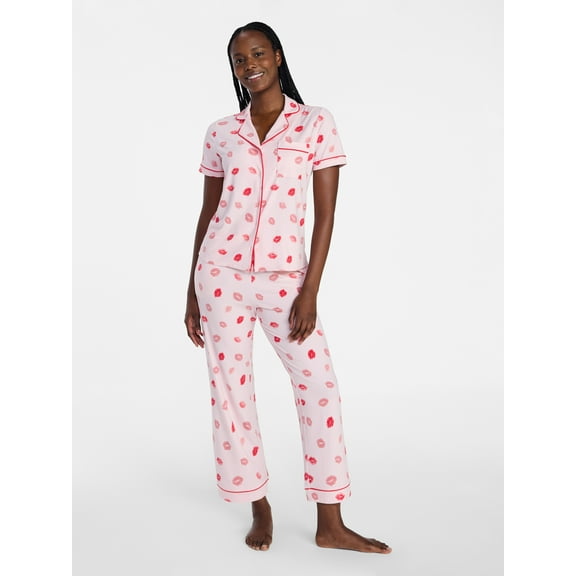 Joyspun Women's Dreamy Soft Collection Notch Knit Top and Capri Pants Valentine's Day Pajama Set, 2-Piece, Sizes XS-3X