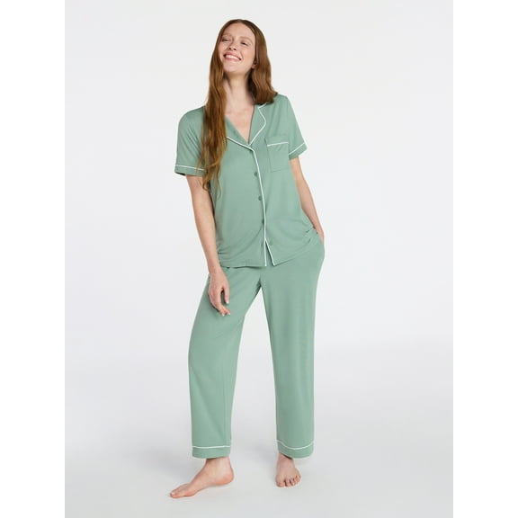Joyspun Women's Dreamy Soft Collection Notch Knit Top and Capri Pants Pajama Set, 2-Piece, Sizes XS-3X