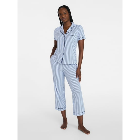 Joyspun Women's Dreamy Soft Collection Notch Knit Top and Capri Pants Pajama Set, 2-Piece, Sizes XS-3X