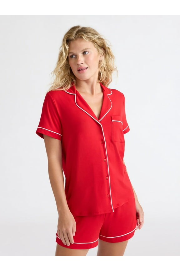 Women’s Dreamy Soft Collection Notch Collar Knit Top and Boxer Shorts Pajama Set, Sizes XS-3X