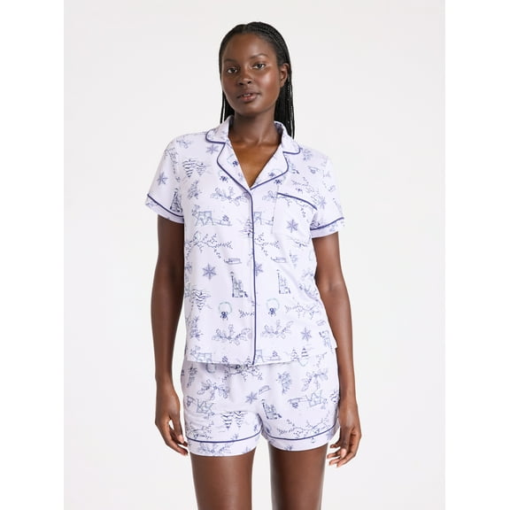 Joyspun Women’s Dreamy Soft Collection Notch Collar Knit Top and Boxer Shorts Pajama Set, Sizes XS-3X