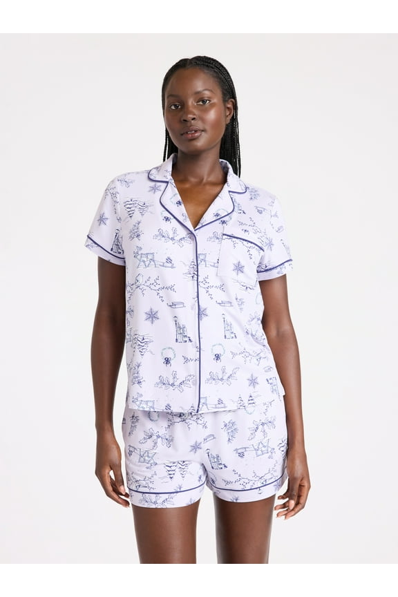 Women’s Dreamy Soft Collection Notch Collar Knit Top and Boxer Shorts Pajama Set, Sizes XS-3X