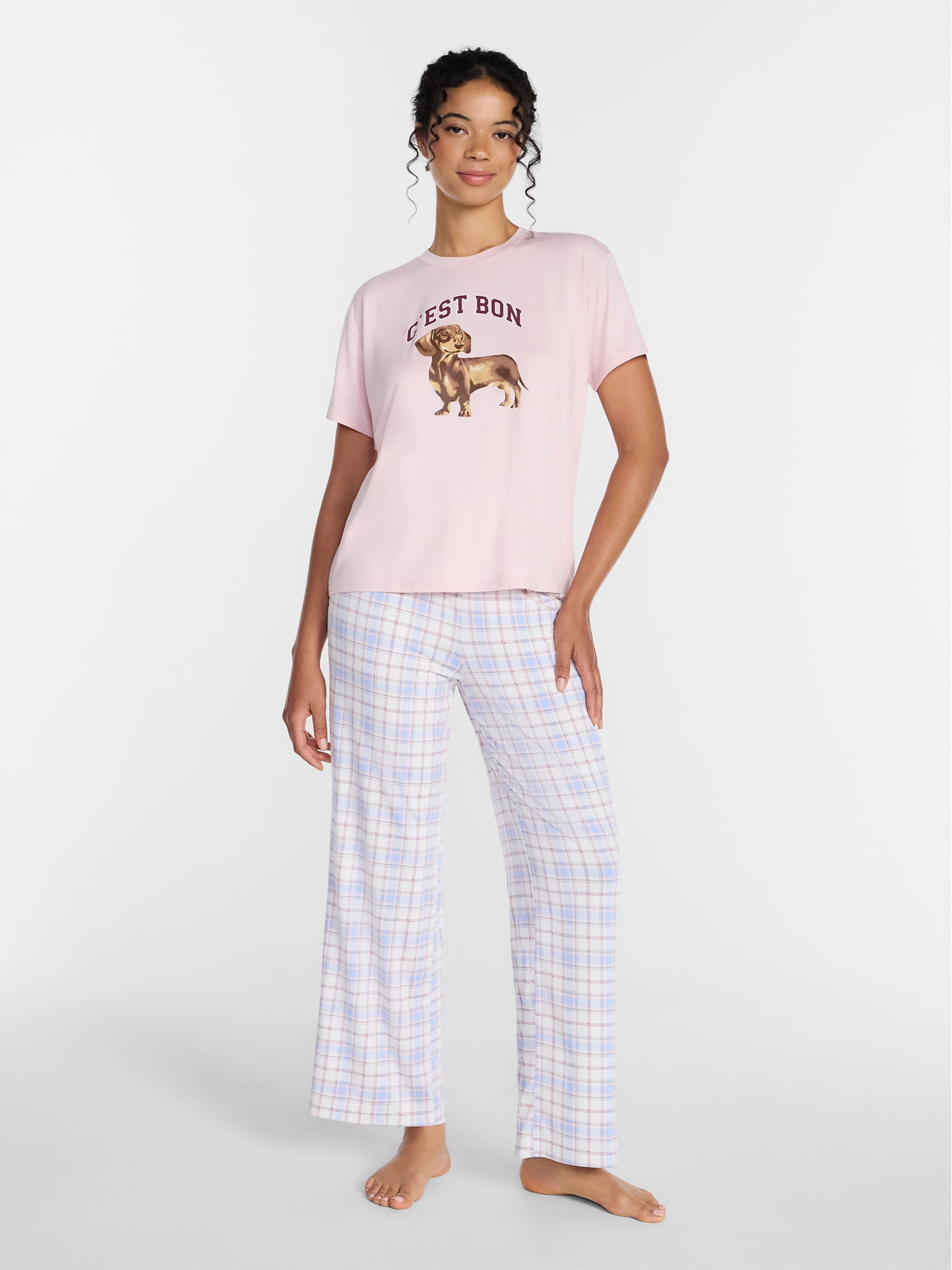 Joyspun Women's Dreamy Soft Collection Short Sleeve Sleep Top and Open Leg Pants Pajama Set, 2-Piece, Sizes XS-3X