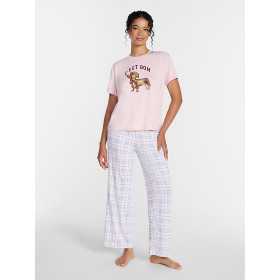 Joyspun Women's Dreamy Soft Collection Short Sleeve Sleep Top and Open Leg Pants Pajama Set, 2-Piece, Sizes XS-3X