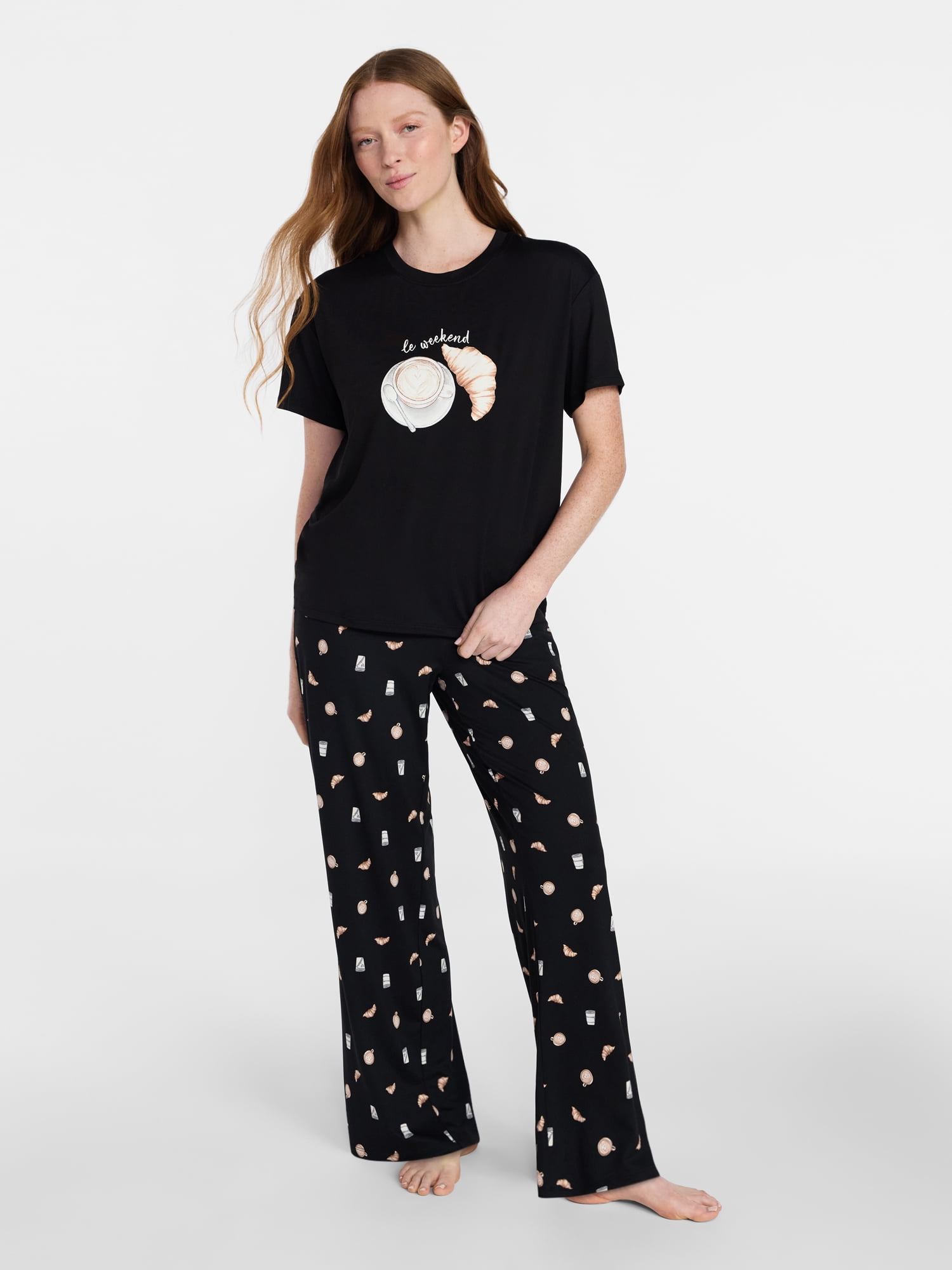 Joyspun Women's Dreamy Soft Collection Short Sleeve Sleep Top and Open Leg Pants Pajama Set, 2-Piece, Sizes XS-3X