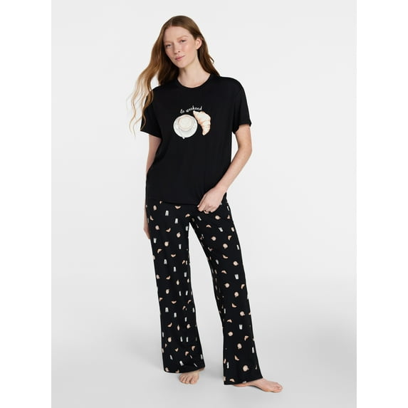 Joyspun Women's Dreamy Soft Collection Short Sleeve Sleep Top and Open Leg Pants Pajama Set, 2-Piece, Sizes XS-3X