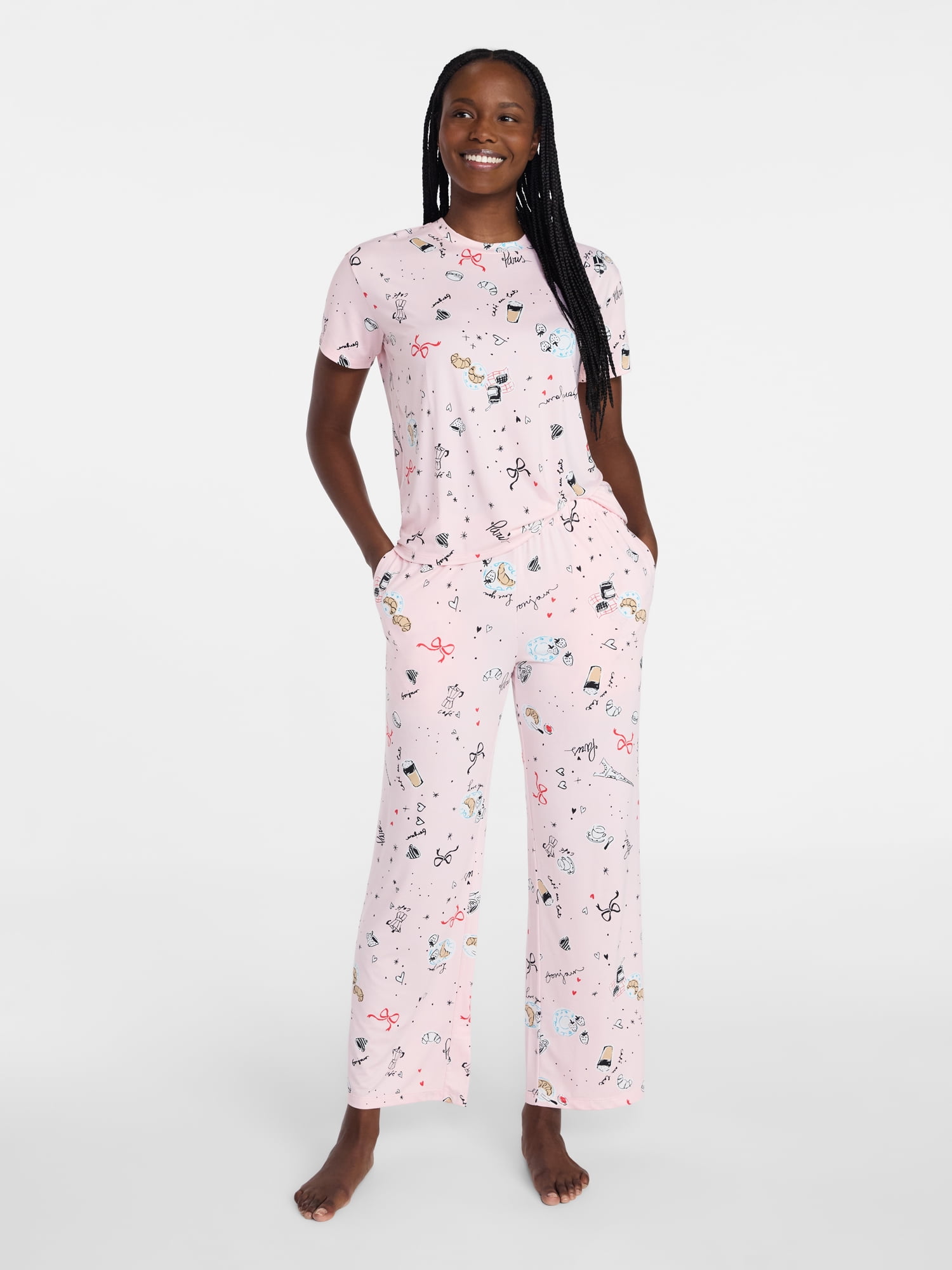 Joyspun Women's Dreamy Soft Collection Short Sleeve Sleep Top and Open Leg Pants Pajama Set, 2-Piece, Sizes XS-3X