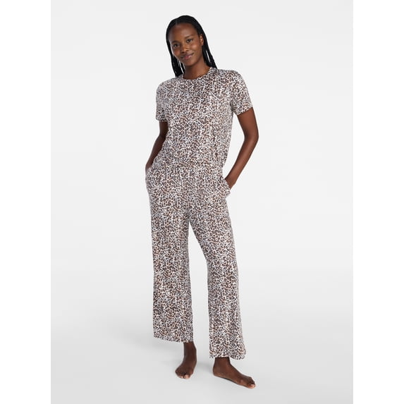 Joyspun Women's Dreamy Soft Collection Short Sleeve Sleep Top and Open Leg Pants Pajama Set, 2-Piece, Sizes XS-3X
