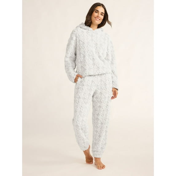 Joyspun Women's Embossed Plush Hoodie and Joggers Pajama Set, 2-Piece, Size XS-2X