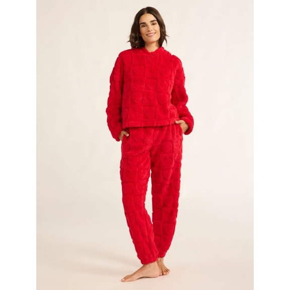 Joyspun Women's Embossed Plush Hoodie and Joggers Pajama Set, 2-Piece, Size XS-2X