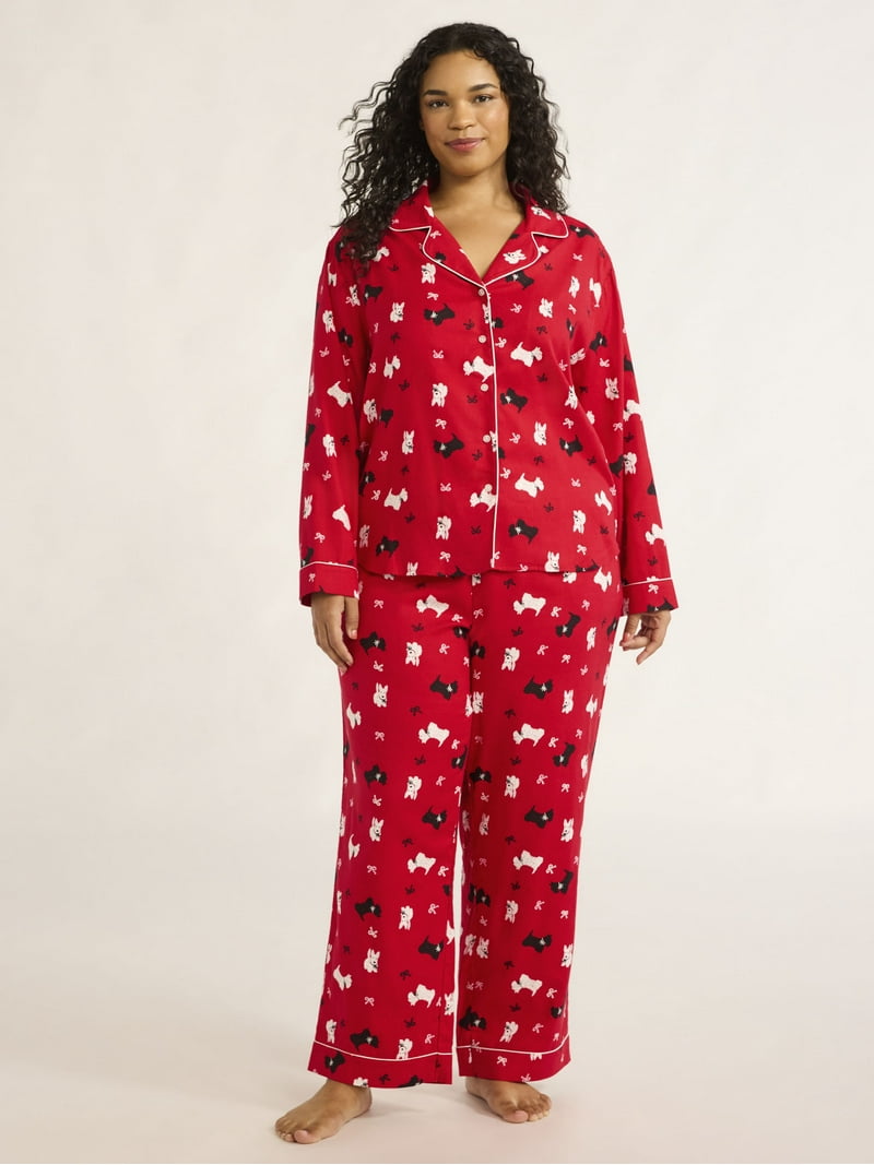 Joyspun Women's Flannel Long Sleeve Top and Pants Pajama Set,