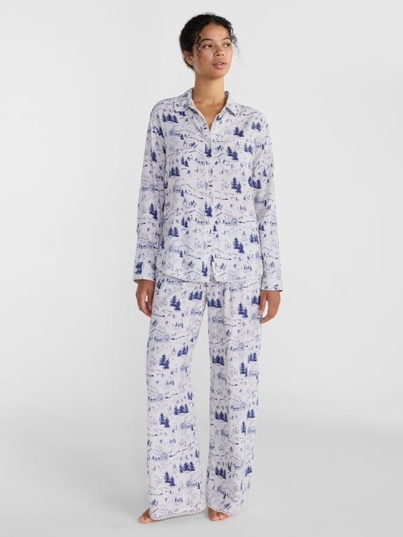 Women’s Flannel Notch Collar Pajama Sleep Top and Pants, 2-Piece Set, Sizes XS-3X