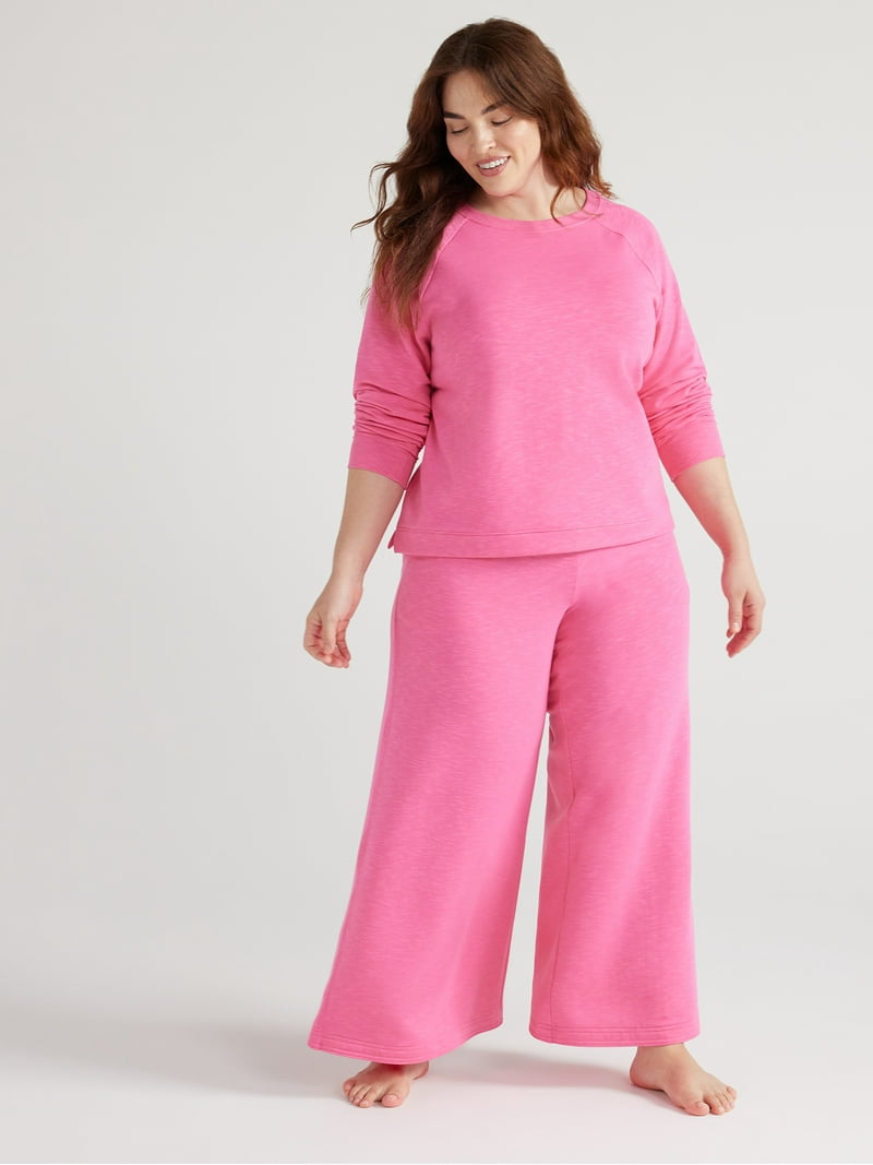 Joyspun Women's Fleece Sleep Top and Wide Leg Pants Pajama Set,