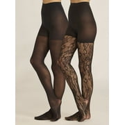 Joyspun Women's Floral Lace and Opaque Tights, 2-Pack, Sizes S-3XL