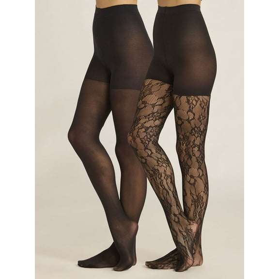 Joyspun Women's Floral Lace and Opaque Tights, 2-Pack, Sizes S-3XL