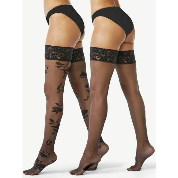 Joyspun Women's Floral and Sheer Thigh Highs, 2-Pack, Sizes in Regular and Plus