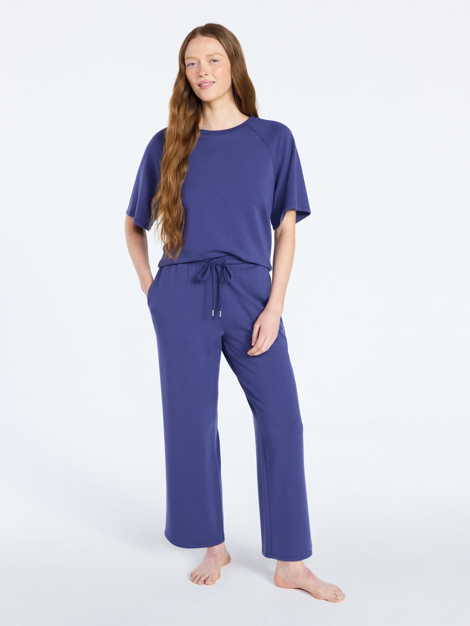 Joyspun Women's French Terry Lounge Sleep Short Sleeve Top and Capri ...