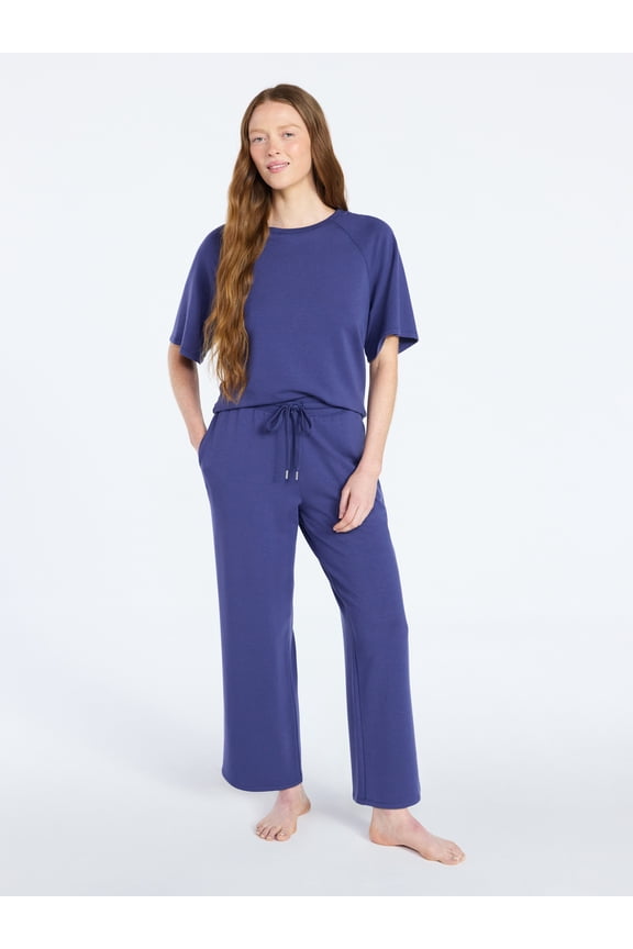 Women's French Terry Lounge Sleep Short Sleeve Top and Capri Pants Set, 2-Piece, Sizes XS-3X