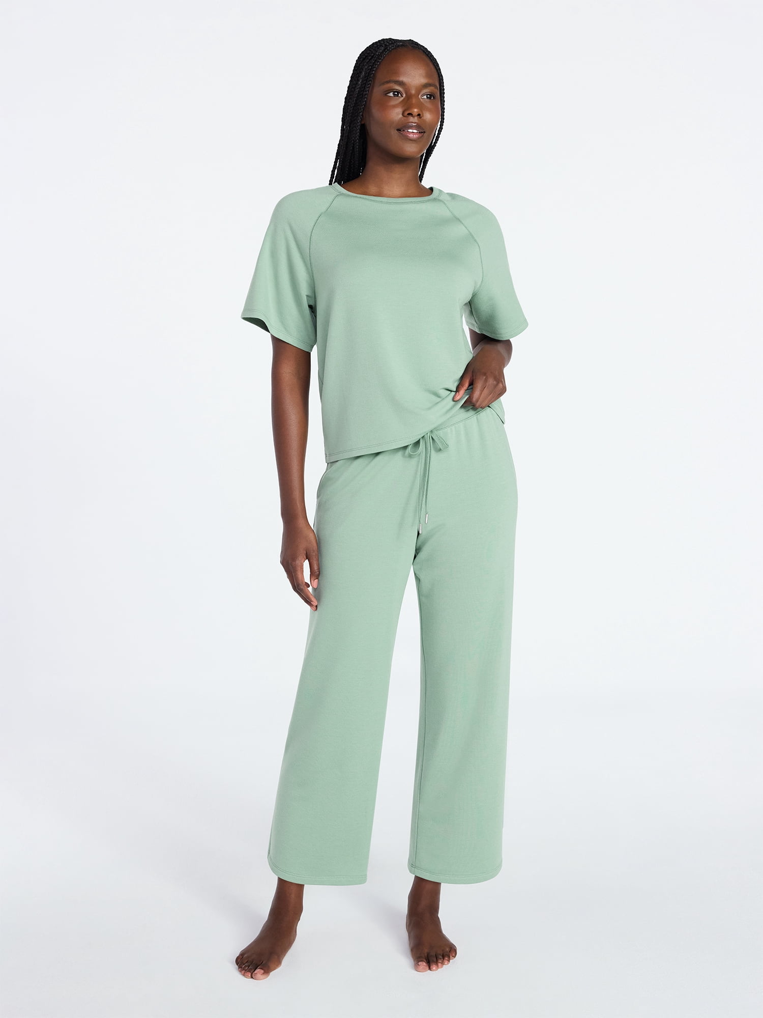 Joyspun Women's French Terry Lounge Sleep Short Sleeve Top and Capri ...