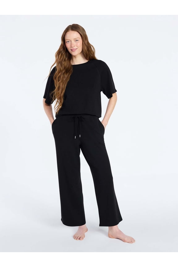 Women's French Terry Lounge Sleep Short Sleeve Top and Capri Pants Set, 2-Piece, Sizes XS-3X