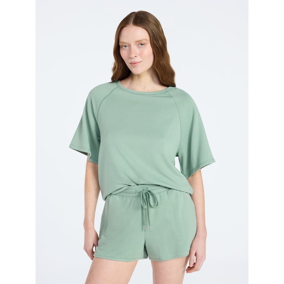 Joyspun Women's French Terry Lounge Sleep Short Sleeve Top and Shorts Set, 2-Piece, Sizes XS-3X