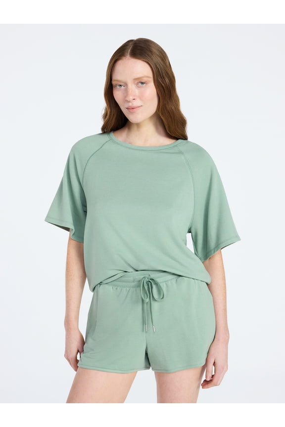 Women's French Terry Lounge Sleep Short Sleeve Top and Shorts Set, 2-Piece, Sizes XS-3X